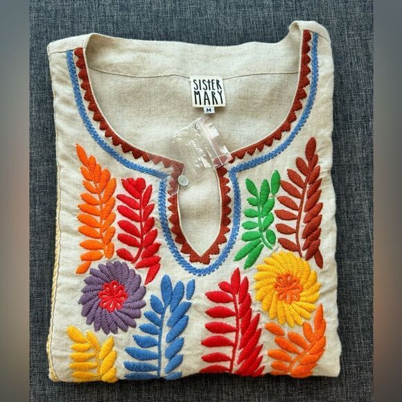 Sister Mary Gloria Tunic Top Rainbow Floral Embroidery Linen Size Medium - Picture 3 of 14